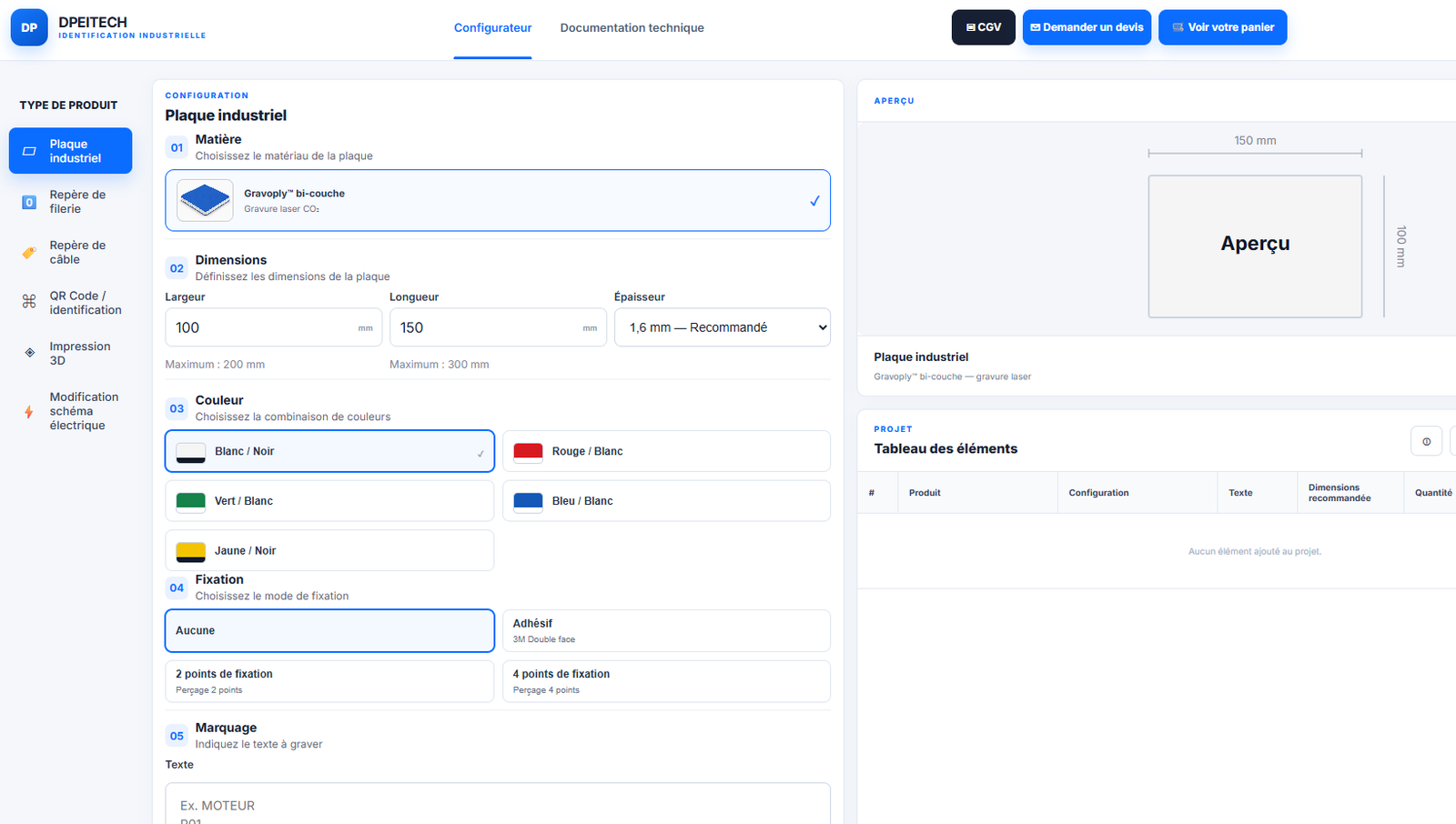 Configurateur DPEITECH avec projet et tableau récapitulatif